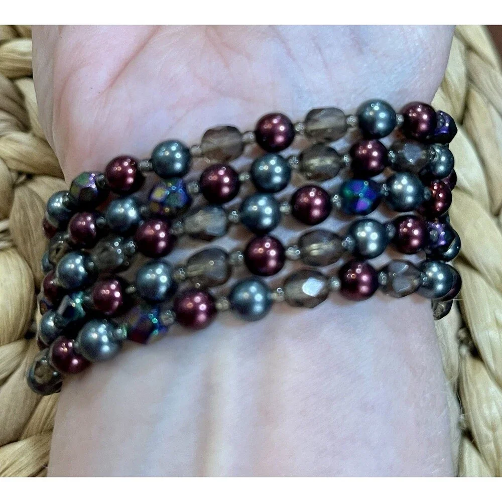 4- Stranded Bracelet Purple Aurora Borealis Faceted Glass Iridescent Fairycore